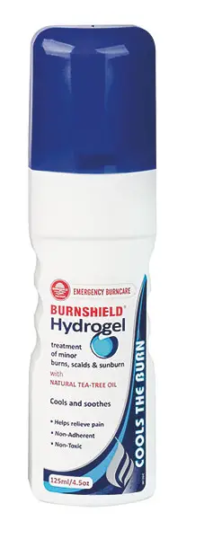 Weiß-blaues Kunststoff-Fläschchen mit blauem Deckel, Etikett BURNSHIELD Hydrogel, 125 ml, kühlendes Hydrogel zur Behandlung kleiner Verbrennungen und Verbrühungen, ergonomisch konturierte Form