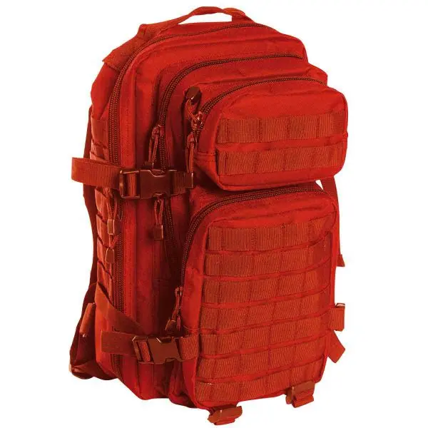 Roter US Assault Pack SM Rucksack mit mehreren Reißverschlussfächern, MOLLE-Schlaufen und verstellbaren Riemen, seitlich und vorne sichtbar.
