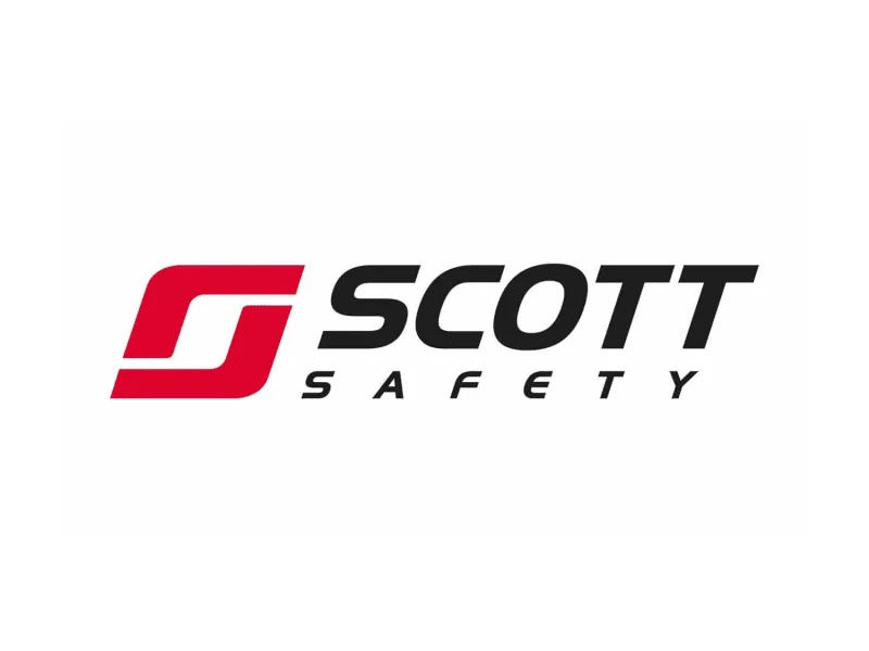 Logo SCOTT Safety mit rotem, stilisiertem S links und schwarzem Schriftzug SCOTT, darunter kleiner Schriftzug SAFETY auf weißem Hintergrund