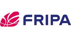Logo von Fripa: links ein stilisiertes pinkes Blatt mit geschwungenen weißen Linien, rechts der blaue Großbuchstaben-Schriftzug FRIPA auf weißem Hintergrund