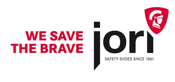 Jori Sicherheitsschuhe Logo - links roter Slogan WE SAVE THE BRAVE, rechts schwarzes jori mit Unterzeile SAFETY SHOES SINCE 1861 und rotem Schild mit stilisierter Helm-Silhouette