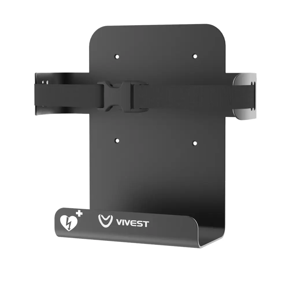 Schwarze VIVEST Powerbeat AED-Wandhalterung aus Metall mit verstellbarem Gurt und Steckverschluss, abgerundeter Ablage mit VIVEST-Logo und Herz-Blitz-Symbol, vier Montagebohrungen sichtbar