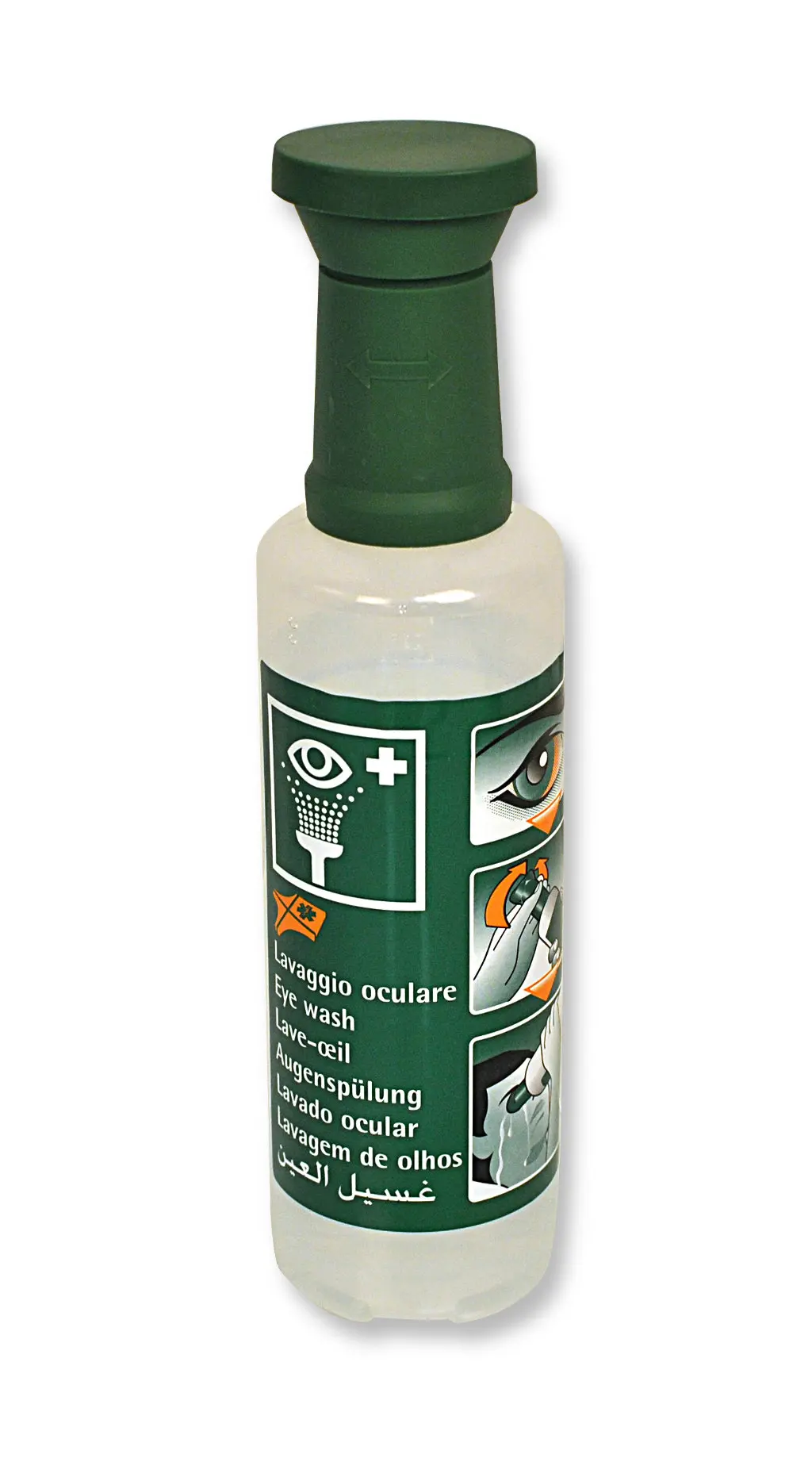 500-ml Augenspülflasche mit 0,9% Natriumchloridlösung, transparente Flasche mit grünem Dosieraufsatz und Etikett mit Piktogrammen sowie mehrsprachiger Aufschrift Eye wash zur Augenreinigung