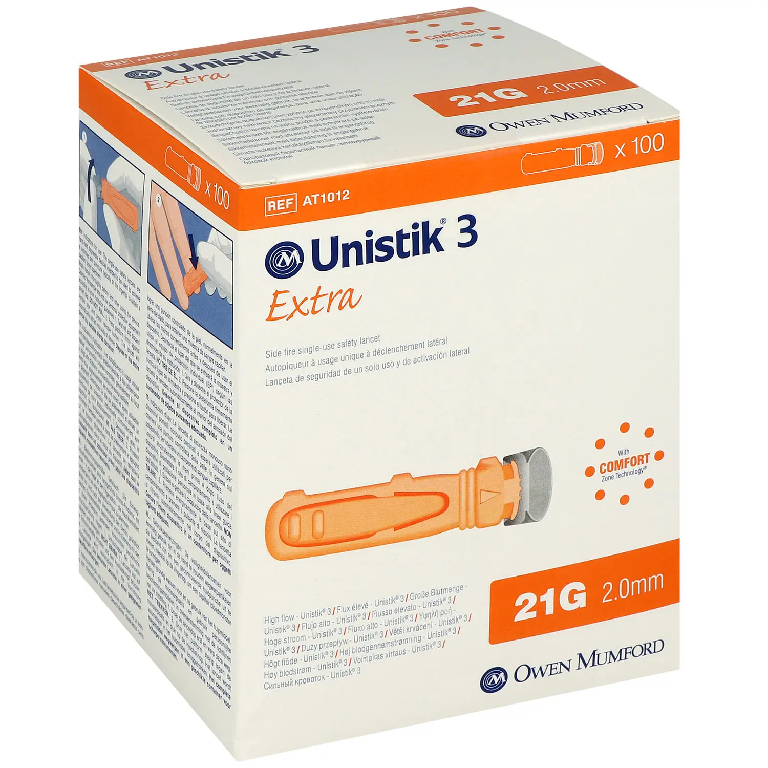 Unistik 3 Extra Sicherheitslanzetten orange 21G Tiefe 2,0mm, Pack = 100 Stck.