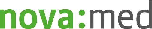 Logo des Herstellers nova:med, Schriftzug nova:med mit nova: in Grün und med in Grau