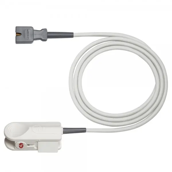 Fingerclip-Sensor für Masimo LNCS DC‑I für Erwachsene, weißer Kunststoff-Clip mit grauem Anschlusskabel aufgewickelt und grauem Steckverbinder