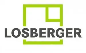 Losberger-Logo: grünes, eckiges, offenes Quadrat mit rechts oben ausgesparter Ecke; darunter der Markenname LOSBERGER in grauen Großbuchstaben und ein grüner Unterstrich