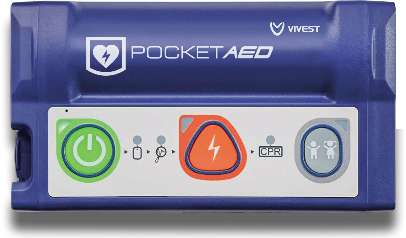 Frontansicht des blauen ViVest Pocket AED P3 Bedienfelds mit Logo, links großer grüner Einschaltknopf, mittig orangefarbener Schockknopf mit Blitzsymbol, rechts Taster für Erwachsen- und Kinder-Modus sowie Status- und CPR-Symbole