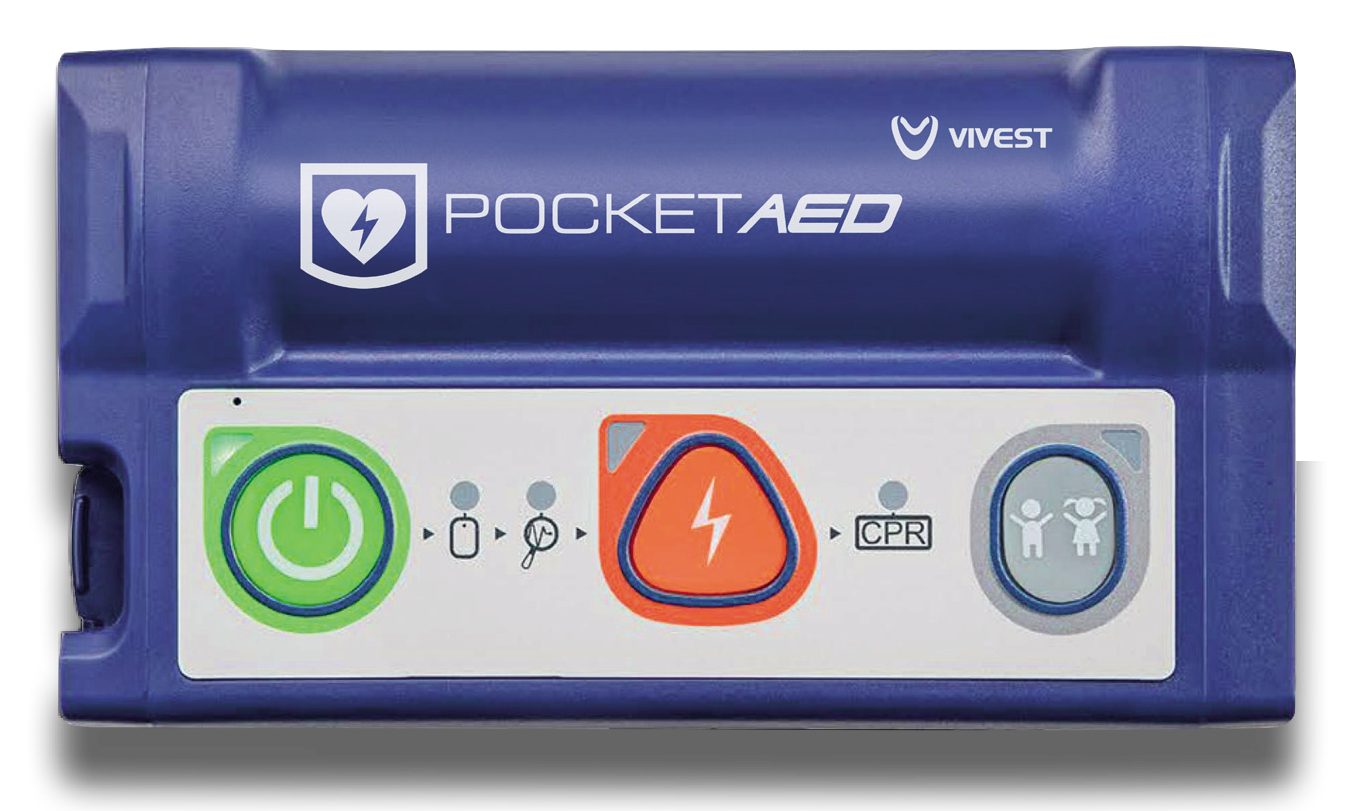 Blaues ViVest Pocket AED P3 im Überwachungsmodus, weißes Bedienfeld mit grünem Ein/Aus-Button, rotem Schockknopf, grauem Erwachsen/Kind-Symbol, CPR-Icon und oben Schriftzug POCKET AED