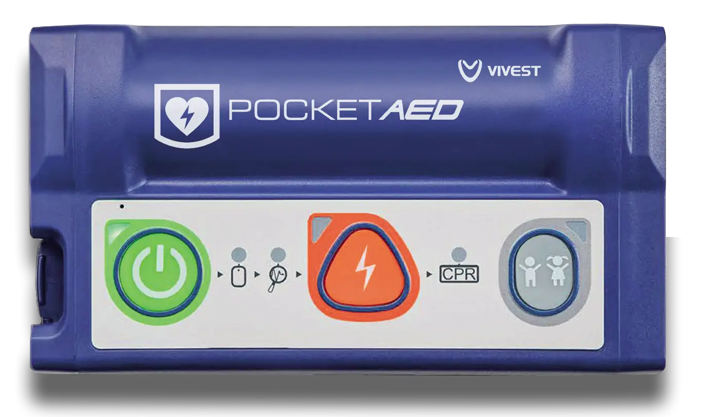 Blaues ViVest Pocket AED P3 im Überwachungsmodus, weißes Bedienfeld mit grünem Ein/Aus-Button, rotem Schockknopf, grauem Erwachsen/Kind-Symbol, CPR-Icon und oben Schriftzug POCKET AED