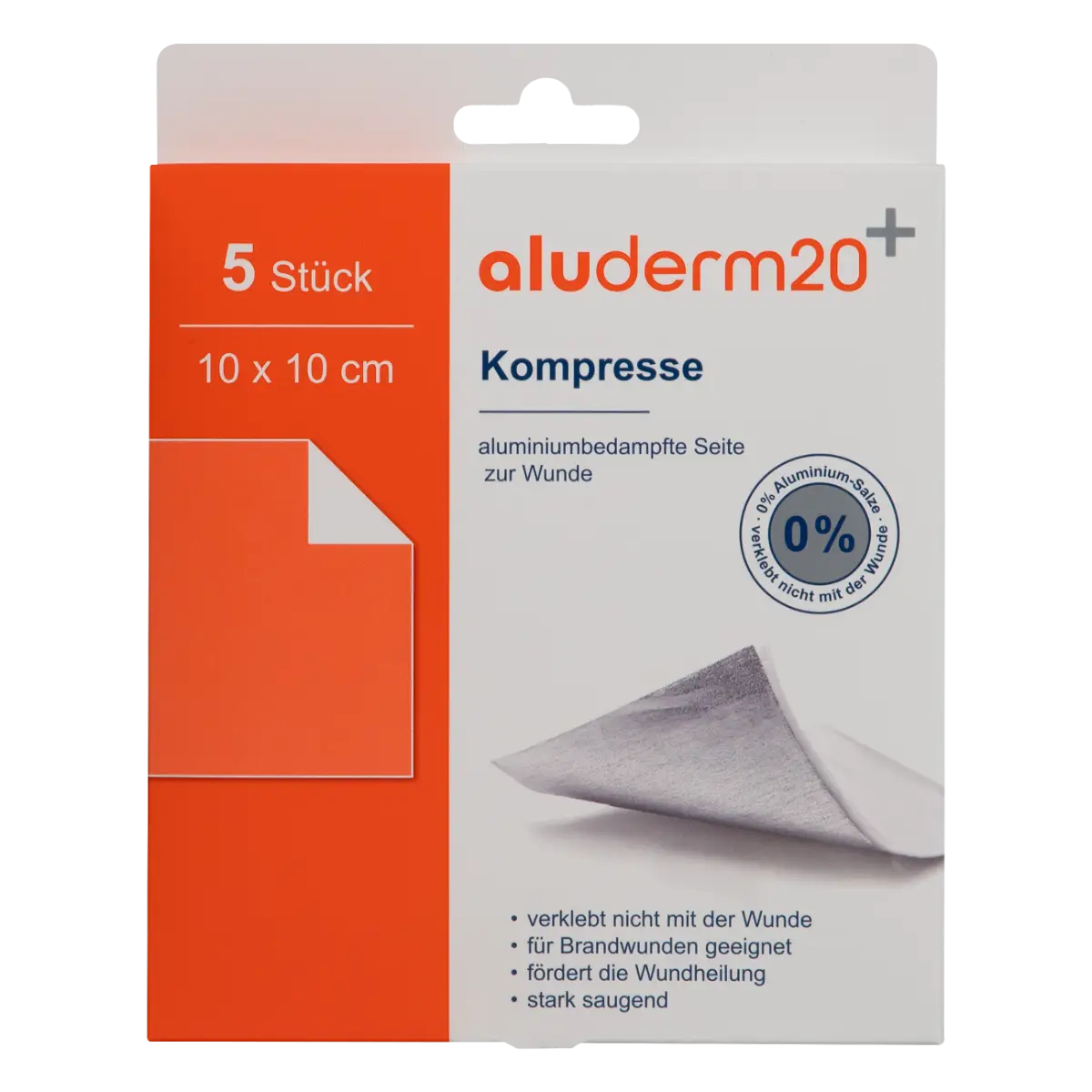 Packung aluderm20+ Kompressen, 10 × 10 cm, Box mit 5 Stück (unsteril); weiß-orange Karton mit Logo, 0%-Siegel, Abbildung einer gefalteten aluminiumbedampften Kompresse und kurzen Produktvorteilen