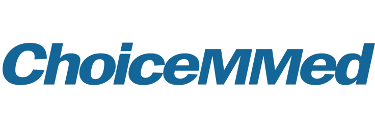 Logo von ChoiceMMed: blauer, kursiver Schriftzug auf weißem Hintergrund
