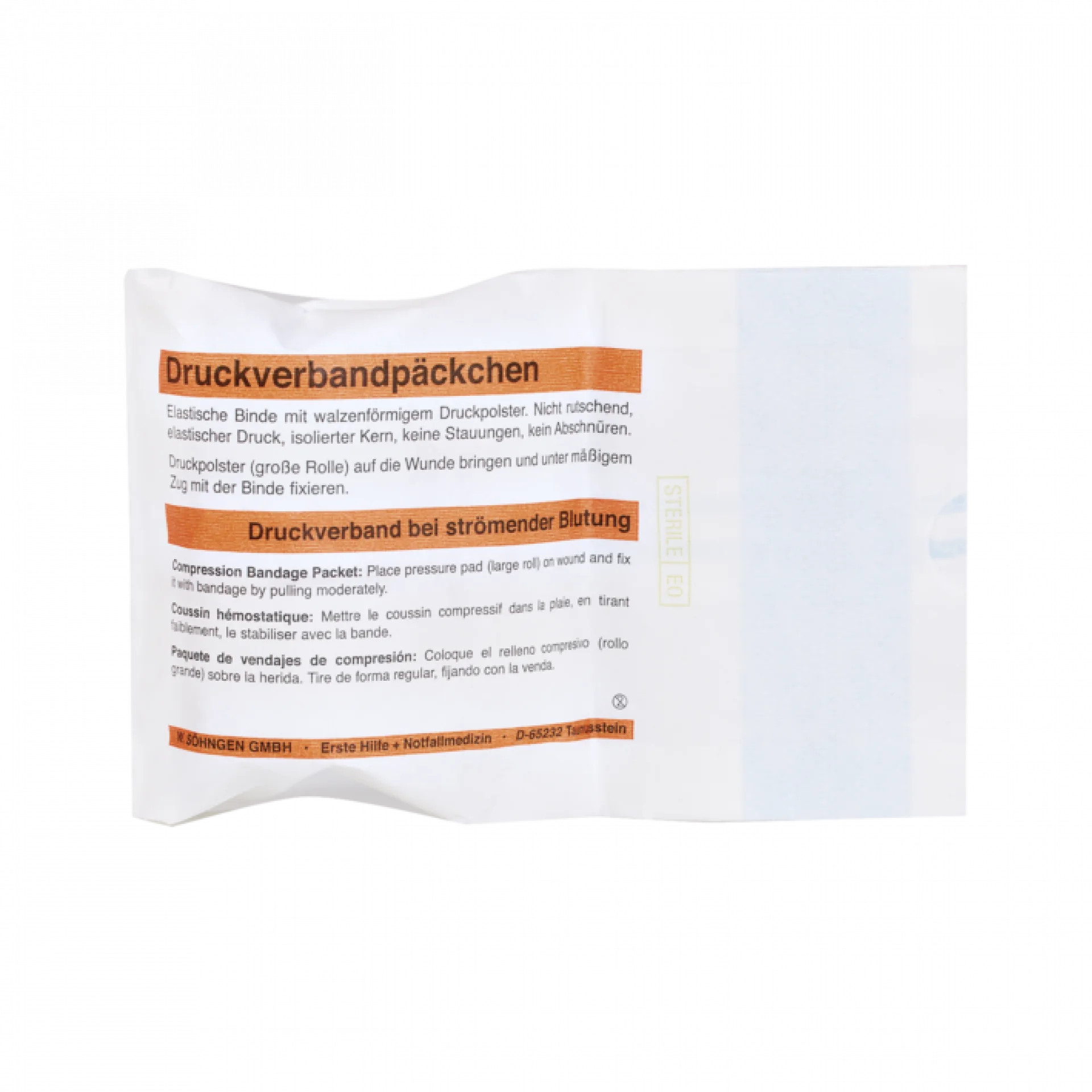 Verpackung des Söhngen Spezial-Druckverbandpäckchens mit Beschreibung zur Anwendung des elastischen Druckverbands bei starker Blutung, mehrsprachige Beschriftung auf weiß-orangefarbener Verpackung