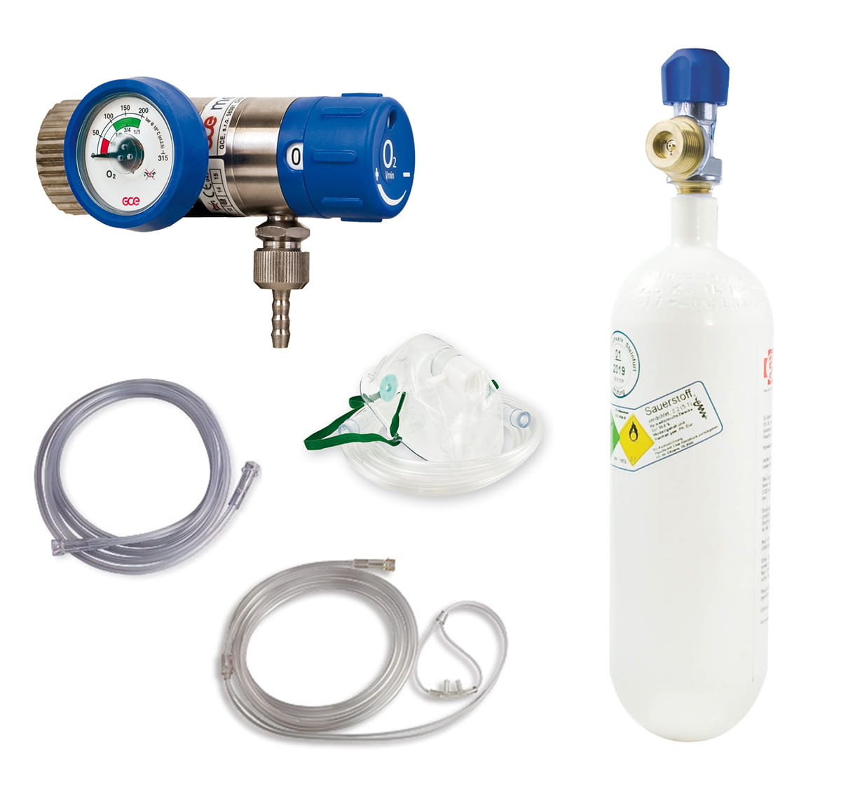 Sauerstoff-Komplett-Set - Druckminderer und Flasche 2 Liter - Stahlflasche