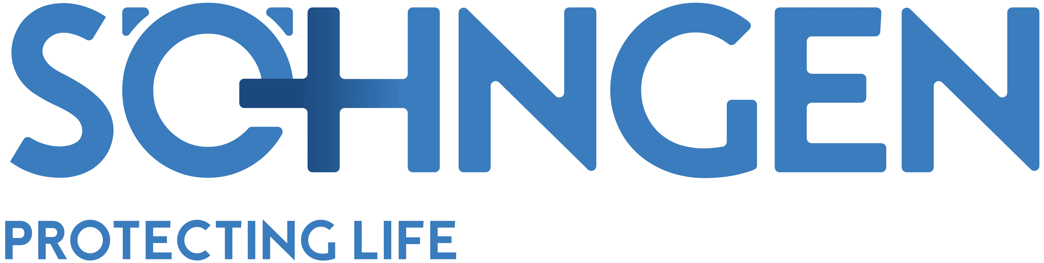 Söhngen® Logo in blau, großer Schriftzug SÖHNGEN mit Kreuzform im Buchstaben H, darunter blauer Slogan PROTECTING LIFE