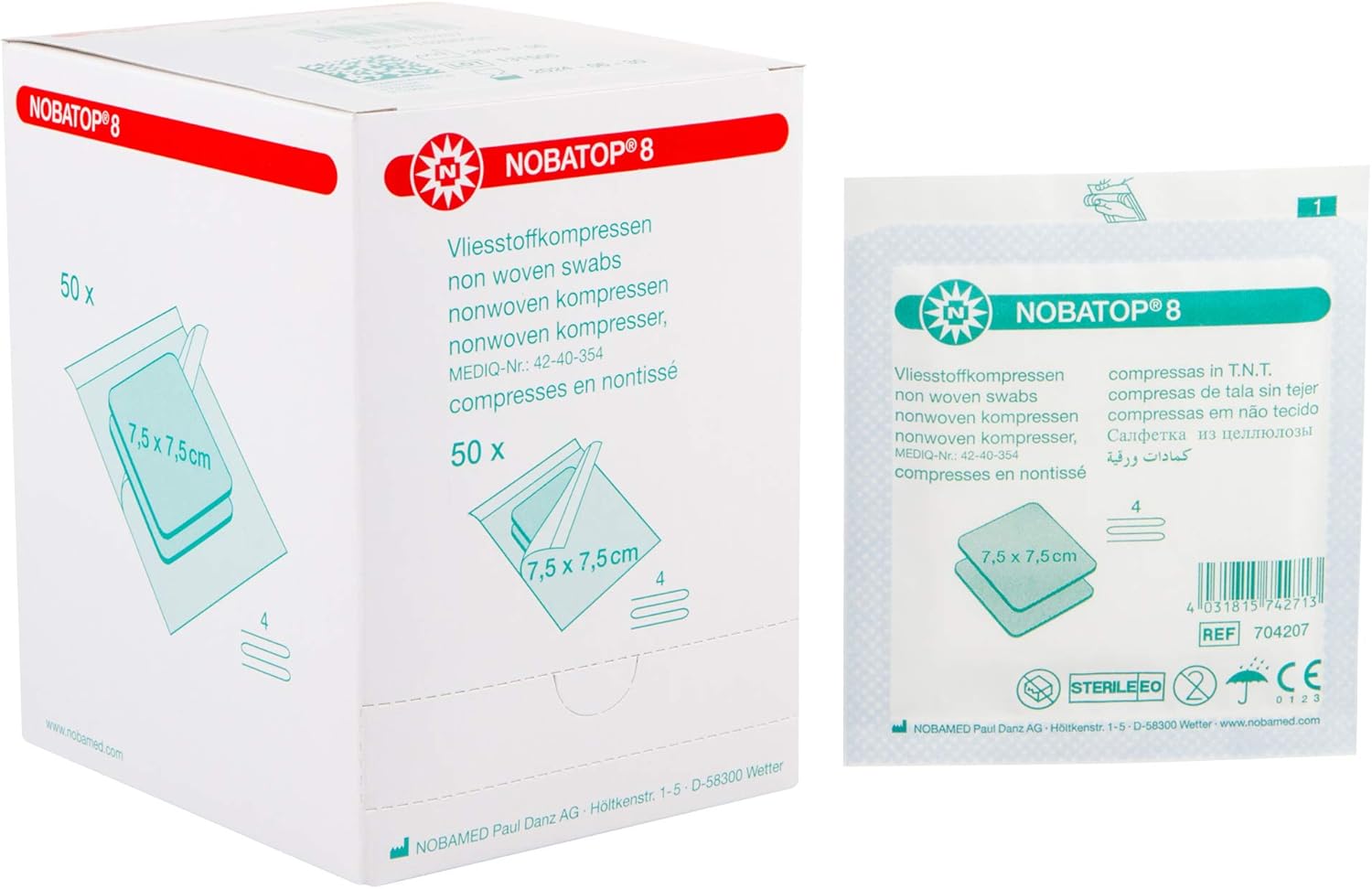100 Stk Vlieskompressen 4-lagig NOBATOP 8 von Nobamed 5 cm x 5 cm - 854006
